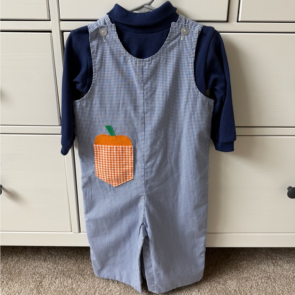 Funtasia Too Blue Gingham Overalls with Pumpkin Patch
